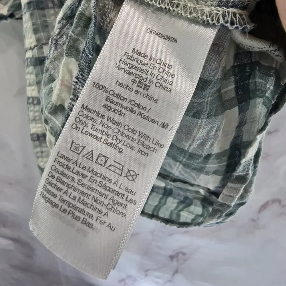 Madewell Top Womens Small Blue Plaid Puff Sleeve Babydoll Seersucker Crop